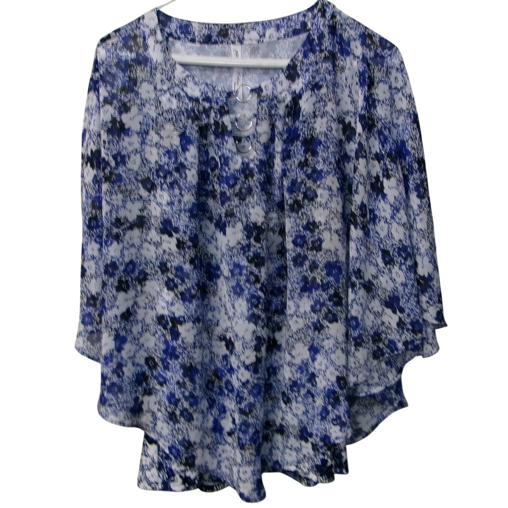 NY Collection Woman 1X Blue Floral Ring Keyhole Layered Poncho Blouse